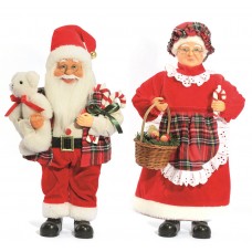 Casal Papai Noel e Mamãe Noel Tradicional Xadrez 41cm Urso e Cesta 2 Peças - Magizi